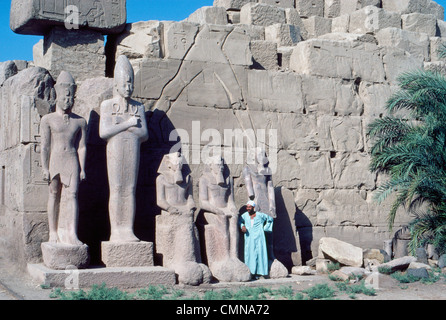 Antike ägyptische Statuen sind gegen eine Sandsteinwand des Karnak Tempels gesäumt, die mit Figuren und Hieroglyphen in Luxor, Ägypten geschnitzt ist. Stockfoto