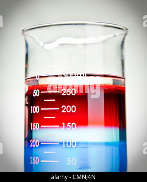 Nahaufnahme von roten, weißen und blauen Flüssigkeiten in einem wissenschaftlichen Labor-Becher Stockfoto