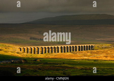 Blick hinunter auf den Ribblehead-Viadukt an der Bahnstrecke Settle-Carlisle in der Yorkshire Dales National Park, England Stockfoto
