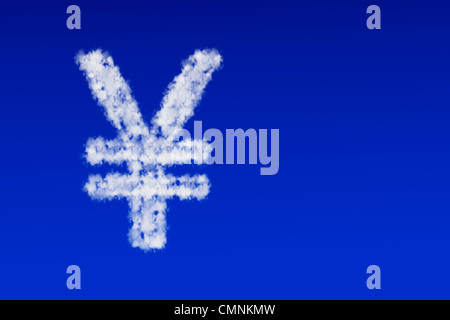 Wolken in Form einer japanischen Yen Währung unterzeichnen in den blauen Himmel schweben Stockfoto
