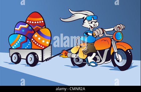 Cartoon Kaninchen montiert auf einem Motorrad transportieren riesige Ostereier auf blauem Hintergrund. Vektor-Datei geschichtet für einfache Handhabung und individuelle Farbgebung. Stockfoto