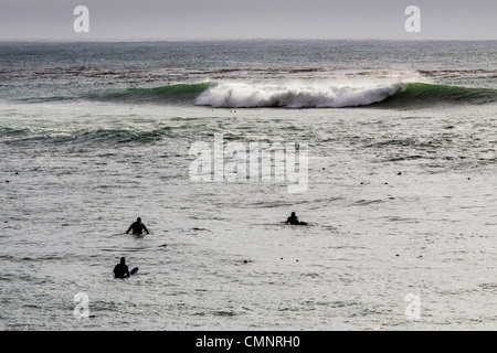 Stürmisches Wetter und Surfer warten eine Welle im Pazifischen Ozean in Point Arena Pier Einlass am Nordkalifornien Küste. Stockfoto