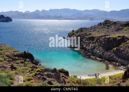 Meer Kajakfahrer mit Mittagessen auf Danzante Insel Flitterwochen Cove, Loreto Bay National Park, Baja California, Mexiko. Stockfoto