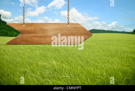 Hölzerne Schild hängen an einem Seil auf weißem Hintergrund Stockfoto