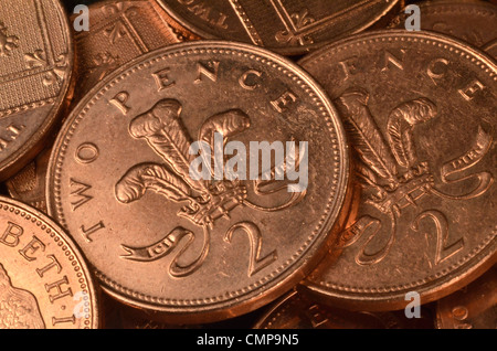 In der Nähe von Großbritannien zwei Pence (2 p) Münze, Pennies. Stockfoto