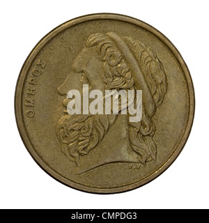 Porträt von Homer, legendären antiken griechischen epischen Dichter, Autor der Ilias und der Odyssee, 50 Drachmen Umlauf Münze Stockfoto