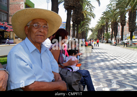 Tacna Peru, Avenida Bolognese, Parque de Locomotora, öffentlicher Park, Platz, Promenade, Bank, Hispanic Latino ethnische Einwanderer Minderheit, Erwachsene Stockfoto