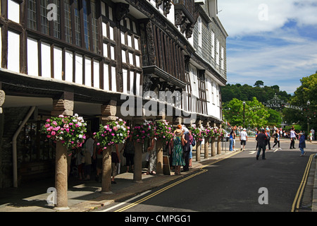 Der historische Butterwalk Arcade mit seinen bunten Blumenampeln in Dartmouth, Devon, England, UK Stockfoto