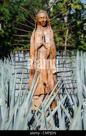 PLAYA DEL CARMEN, Mexiko – Holzstatue inmitten blauer Agavenkaktus im Freizeitpark at Xcarat Maya südlich von Cancun und Playa del Carmen auf der mexikanischen Halbinsel Yucatana. Stockfoto