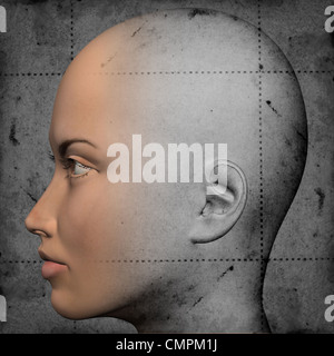 Unvollendete Skizze Frauengestalt auf gefärbten Papier mit Leitlinien. 3D Illustration. Stockfoto