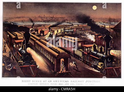 1870S 1876 NACHT-SZENE BEI EINEM AMERIKANISCHEN RAILWAY JUNCTION CURRIER & IVES PRINT Stockfoto