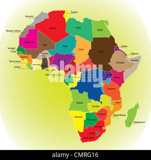 Detailkarte Farbe des afrikanischen Kontinents mit Grenzen. Jeder Staat ist auf die verschiedenen Farbe gefärbt und hat den Namen schrieb. Stockfoto