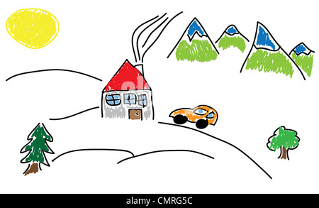 Hand zu ziehen Haus mit rotem Dach mitten in den Bergen und mit dem Auto vor dem Haus. Stockfoto