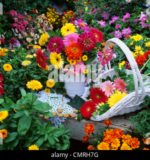 1990ER JAHRE SOMMER BLUMEN IN VASE UND WICKER KORB IM GARTEN Stockfoto