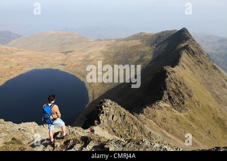 Ein junger Mann schaut entlang Striding Edge mit Red Tarn auf der linken Seite, Lakelandpoeten, Cumbria NW England UK Stockfoto