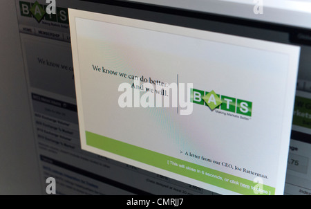 Die Webseite des BATS Global Markets Aktienhandel Website bietet ein Mea Culpa für die Probleme, die von einem Softwarefehler Stockfoto