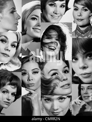 1960S 1970S MONTAGE VON NAHAUFNAHME PORTRÄTS VON FRAUEN DIE KÖPFE AUGEN NASE MUND HAARE Stockfoto