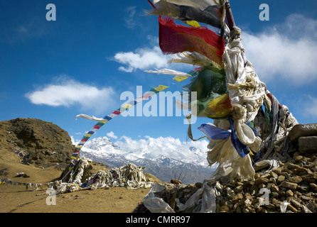 Farbfoto von Gebetsflaggen, die im Wind wehen, Yamda la Mountain Pass, Mustang, Nepal, Asien Stockfoto