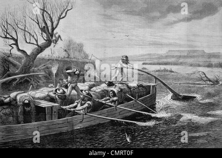 1830S 1840S PELZHÄNDLER AUF DEM MISSOURI RIVER VON INDIANERN WEITER WEG ZU ST. LOUIS ILLUSTRATION VON W. M. CARY ANGEGRIFFEN Stockfoto