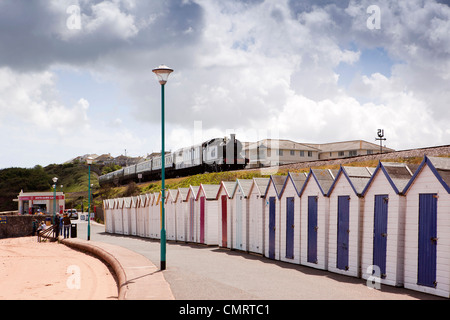 Großbritannien, England, Devon, Torquay, Goodrington Sand, Dartmouth, Paignton Dampf Zug vorbei über Strandhütten Stockfoto