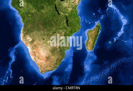 Echte Farbe Terra/MODIS Satellitenbild von Südliches Afrika und Madagaskar im Lambert azimutalen flächentreue Projektion gerendert. Stockfoto