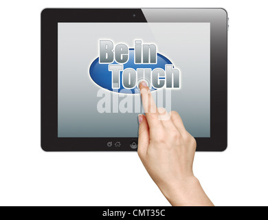 Weibliche Hände weisen auf Touchscreen-Gerät Stockfoto