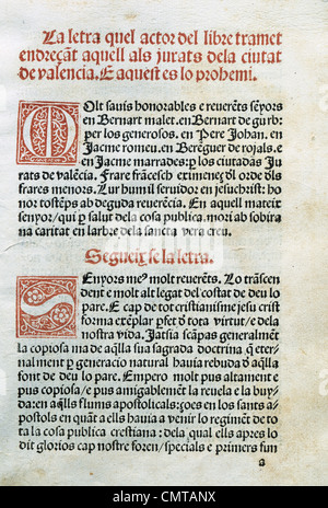 Francesc Eiximenis (1327-1409). Spanischer Schriftsteller. Regiment der öffentlichen Sache. Prolog. Inkunabeln. Stockfoto