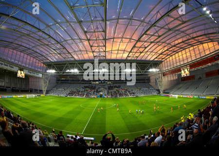 Fußballspiel, Forsyth Barr Stadium, Dunedin, Südinsel, Neuseeland - fisheye Stockfoto