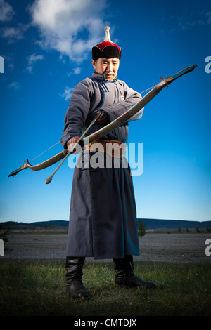 Porträts der Bogenschütze am Naadam-fest, Khatgal, Khovsgol, Mongolei Stockfoto