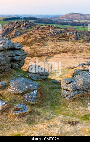 Blick vom Chinkwell Tor in Richtung Honeybag Tor, Dartmoor National Park, Devon, Südwestengland, Europa Stockfoto