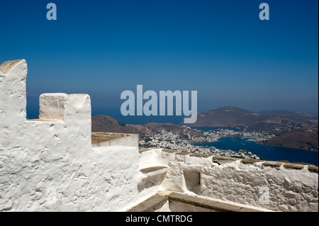 Blick vom Kloster Agios Ioannis Theologos. Chora, Insel Patmos, Dodekanes, Griechenland Stockfoto