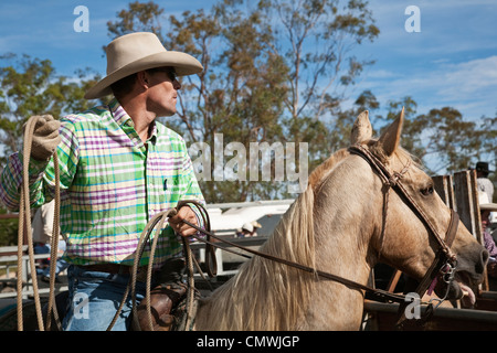 Cowboy auf Pferd mit Lasso in der Hand während des Wettbewerbs Kalb roping. Mt-Granat Rodeo, Mt Granat, Queensland, Australien Stockfoto