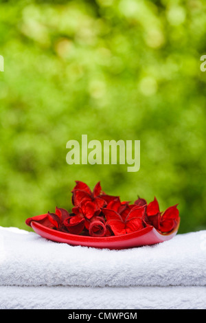 Stapel von weißen Handtücher mit Potpourri in einer Gartenanlage mit Exemplar, ideal für die Darstellung ein Day-spa Stockfoto