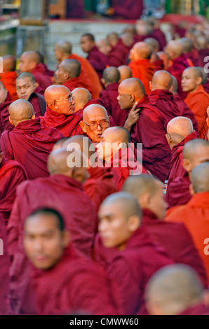 Mönche, die Teilnahme an Morgengebet Service an der Shwedagon, Yangon, Myanmar Stockfoto