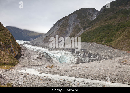 Terminal Gesicht und Moräne des Fox Glacier, West Coast, New Zealand. Stockfoto