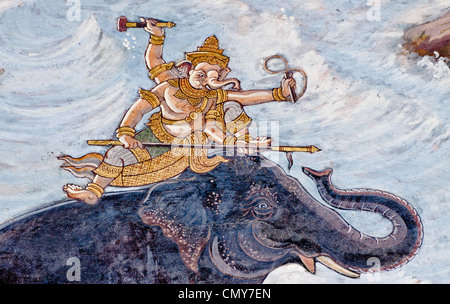 Ganesh, der indische Gott Vintage traditionellen Thai-Stil Kunst Malerei auf Tempel. Stockfoto