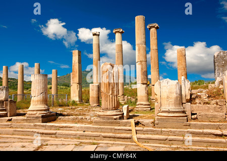 Spalten um das Heiligtum des Artimis mit der Agora, Magnesia am Mäander Ausgrabungsstätte, Türkei Stockfoto