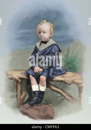 Alphonse XIII (1886-1941). König von Spanien. Portrait als ein Kind. Farbige Gravur. Stockfoto