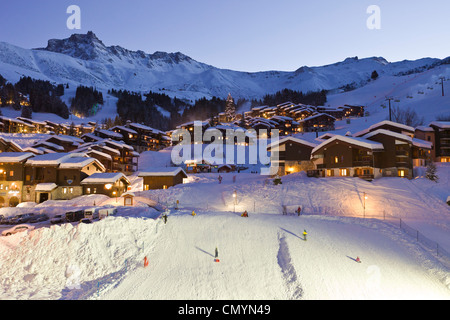 Frankreich, Savoyen, Valmorel, Massif De La Vanoise, Tarentaise-Tal Rodeln Strip mit Blick auf die Pointe du Grand Stockfoto