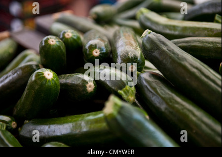 Nahaufnahme von frischen Gurken auf dem Lebensmittelmarkt. Stockfoto