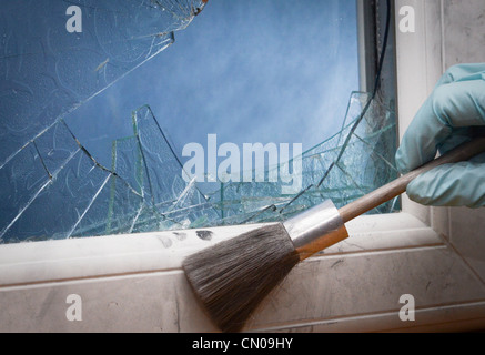 Crime Scene Investigator Fingerabdrücke eine zertrümmerte Fenster Stockfoto