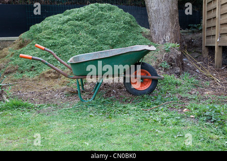 Garten Schubkarre vor ein Kompost-Haufen und Grass-Stecklinge Stockfoto