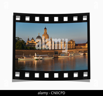 Filmstreifen: Altstadt Blick auf die Frauenkirche in den frühen Morgenstunden, Dresden, Deutschland, Europa Stockfoto