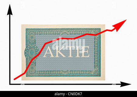 Ein Diagramm Mit Steigender Kurve, Dahinter ist Eine Aktie | eine Diagramm mit einer steigenden Kurve, dahinter ist ein Anteil Stockfoto