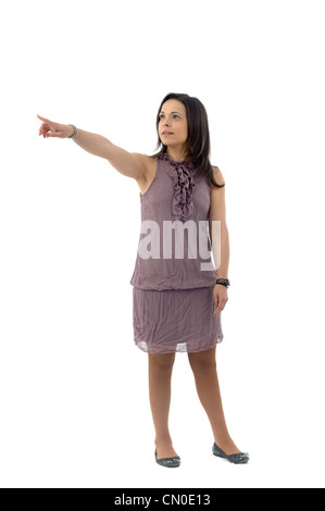 Junge Frau zeigte isolierten auf weißen Hintergrund Stockfoto