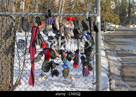 Verloren, Handschuhe und Hüte, die von einem Park Pfad, der einem Maschendrahtzaun befestigt Stockfoto