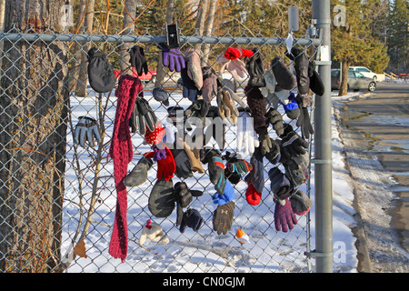 Verloren, Handschuhe und Hüte, die von einem Park Pfad, der einem Maschendrahtzaun befestigt Stockfoto