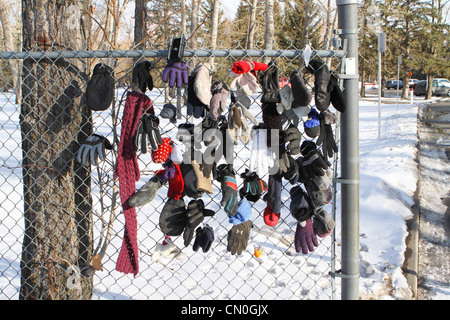 Verloren, Handschuhe und Hüte, die von einem Park Pfad, der einem Maschendrahtzaun befestigt Stockfoto