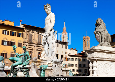 Europa, Italien, Florenz, Neptun-Brunnen auf der Piazza della Signoria, UNESCO-Weltkulturerbe, Stockfoto