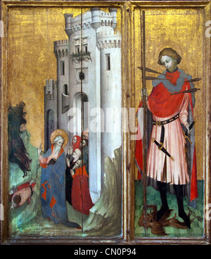 ALTARBILD DE THOUZON France 1410 eine Szene von Saint Andrew Leben und Sankt Sebastian einen Drachen tötet. Stockfoto